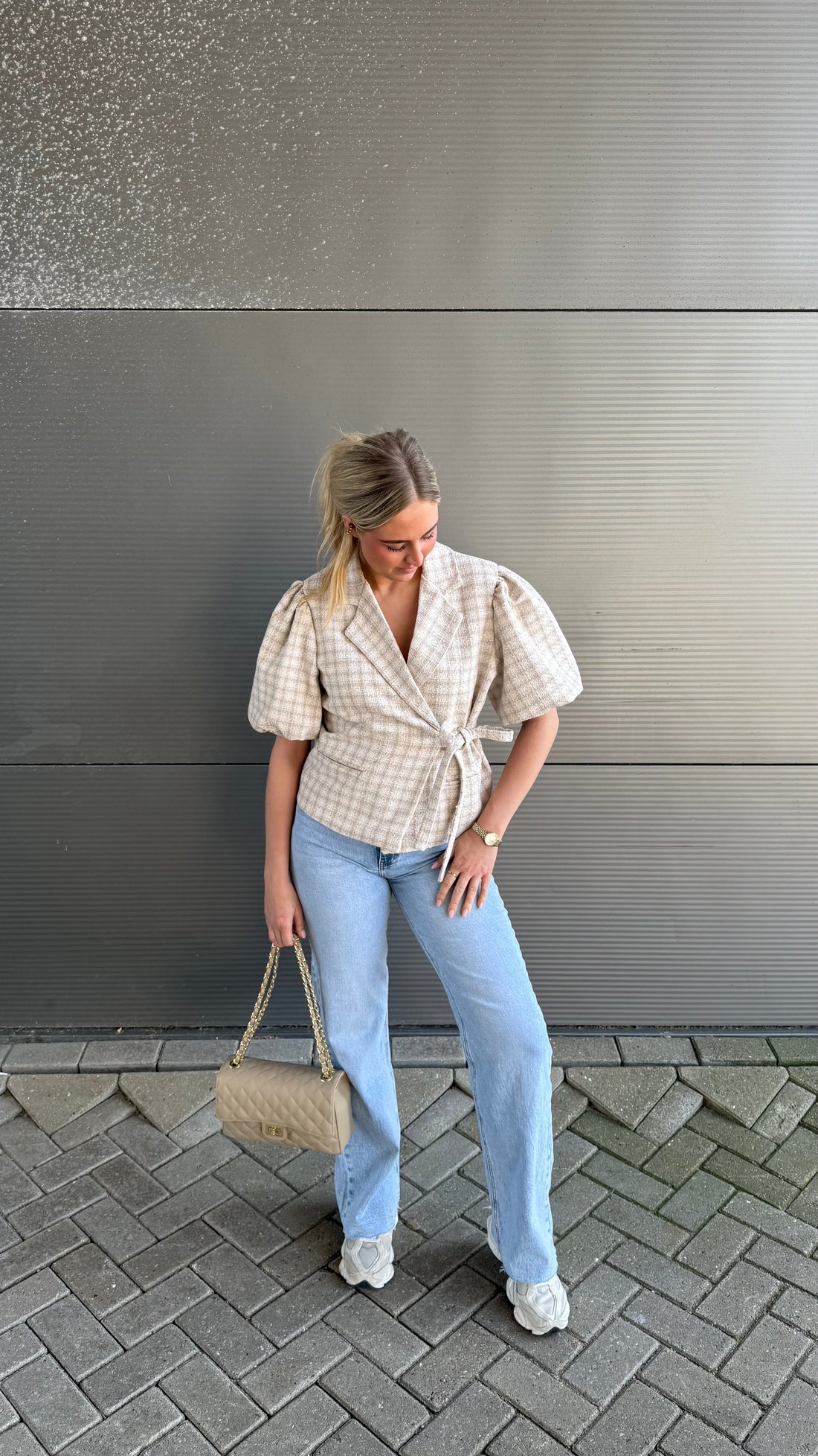 Tweed Cross Over Blouse Beige