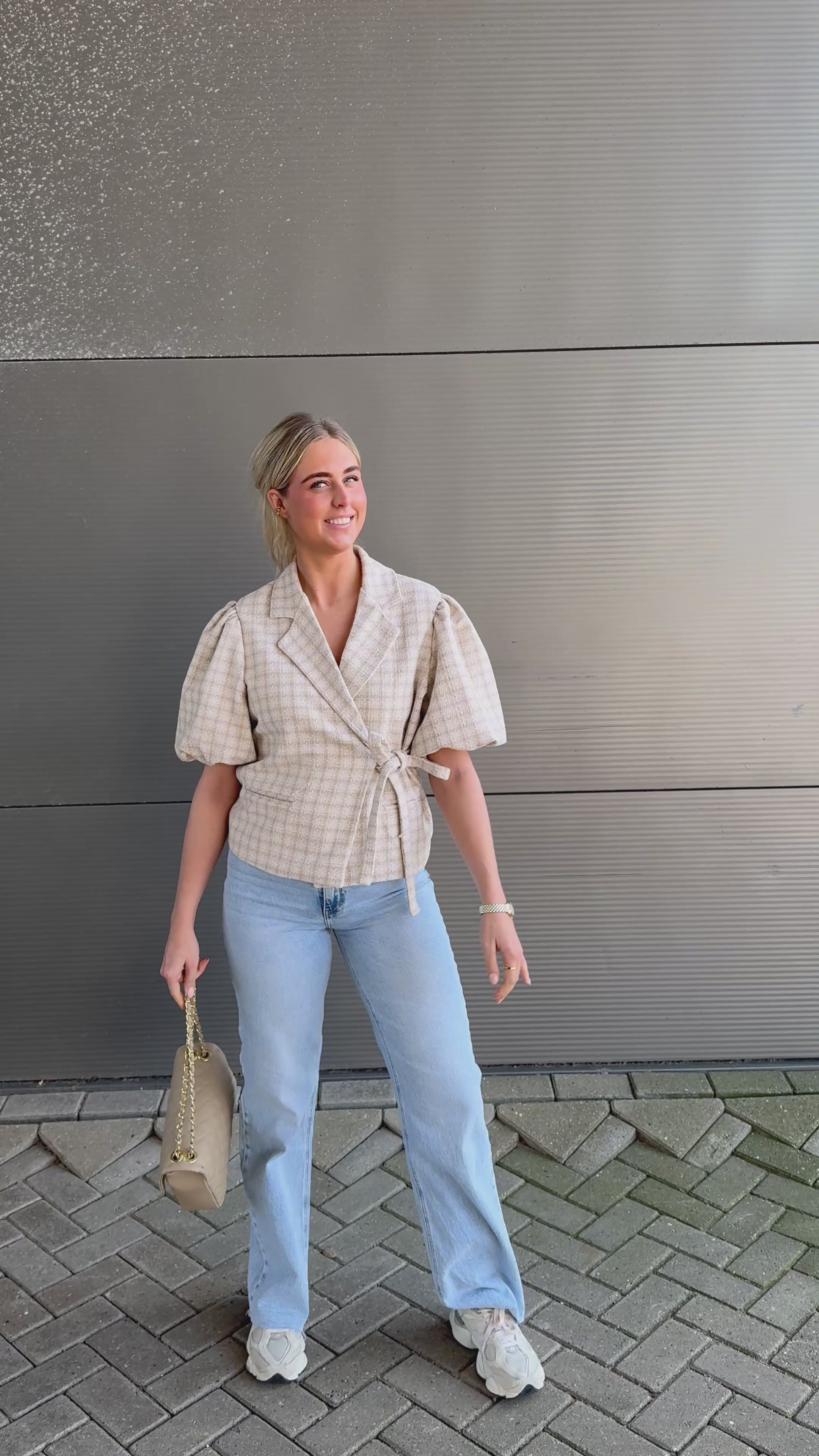 Tweed Cross Over Blouse Beige